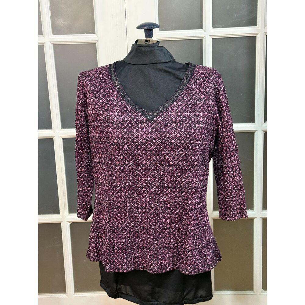 Style & Co. Plus Size 1X Textured V-Neck Top Pink Black Geometric 3/4 Sleeve